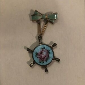 Vintage Guilloche Rose Enamel Picture Locket Pin Brooch